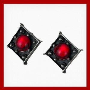 Antique style diamond shaped studs, red central accent crystal, pierced ears